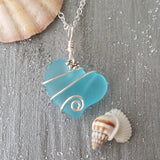 Hawaiian Jewelry Sea Glass Necklace, Wire Heart Necklace Turquoise Necklace Blue Necklace, Beach Jewelry Birthday Gift(December Birthstone)