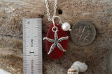 Hawaiian Jewelry Sea Glass Necklace, Red Necklace Starfish Necklace Pearl Necklace, Sea Glass Jewelry Fun Beach Jewelry (January Birthstone)