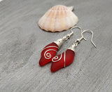 Hawaiian Jewelry Sea Glass Earrings, Wire Wave Earrings Ruby Red Earrings, Beach Sea Glass Jewelry Birthday Gift (July Birthstone Jewelry)