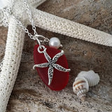 Hawaiian Jewelry Sea Glass Necklace, Red Necklace Starfish Necklace Pearl Necklace, Sea Glass Jewelry Fun Beach Jewelry (January Birthstone)