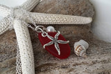 Hawaiian Jewelry Sea Glass Necklace, Red Necklace Starfish Necklace Pearl Necklace, Sea Glass Jewelry Fun Beach Jewelry (January Birthstone)