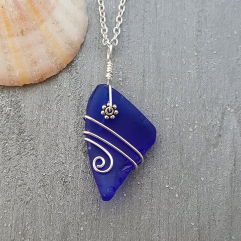 Handmade in Hawaii, Genuine surf tumbled natural cobalt blue sea  glass.Beach glass necklace. wire wrapped sea glass necklace jewelry.