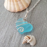 Hawaiian Jewelry Sea Glass Necklace, Wire Heart Necklace Turquoise Necklace Blue Necklace, Beach Jewelry Birthday Gift(December Birthstone)