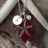 Hawaiian Jewelry Sea Glass Necklace, Red Necklace Starfish Necklace Pearl Necklace, Sea Glass Jewelry Fun Beach Jewelry (January Birthstone)