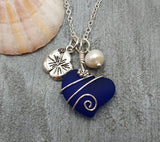 Hawaiian Jewelry Sea Glass Necklace, Wire Heart Necklace Cobalt Blue Necklace, Hibiscus Pearl Necklace, Beach Jewelry (September Birthstone)