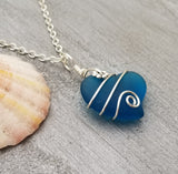 Hawaiian Jewelry Sea Glass Necklace, Teal Wire Wrapped Necklace Heart Necklace, Beach Jewelry For Girls Sea Glass Jewelry For Women