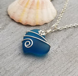 Hawaiian Jewelry Sea Glass Necklace, Teal Wire Wrapped Necklace Heart Necklace, Beach Jewelry For Girls Sea Glass Jewelry For Women