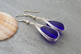 Hawaiian Jewelry Sea Glass Earrings, Braided Cobalt Blue Earrings Teardrop Earrings, Sea Glass Jewelry Birthday Gift (September Birthstone)