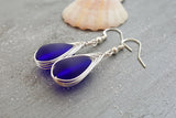 Hawaiian Jewelry Sea Glass Earrings, Braided Cobalt Blue Earrings Teardrop Earrings, Sea Glass Jewelry Birthday Gift (September Birthstone)
