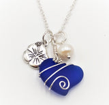 Hawaiian Jewelry Sea Glass Necklace, Wire Heart Necklace Cobalt Blue Necklace, Hibiscus Pearl Necklace, Beach Jewelry (September Birthstone)