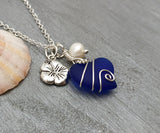 Hawaiian Jewelry Sea Glass Necklace, Wire Heart Necklace Cobalt Blue Necklace, Hibiscus Pearl Necklace, Beach Jewelry (September Birthstone)