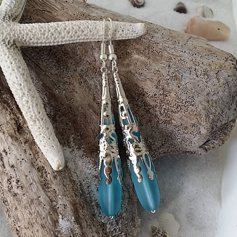 Hawaiian Jewelry Sea Glass Earrings, Turquoise Blue Earrings Long Teardrop Earrings, Sea Glass Jewelry Beach Jewelry (December Birthstone)