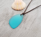 Handmade in Hawaii, leather cord unisex blue sea glass necklace, unisex jewelry, Hawaii jewelry, birthday gift