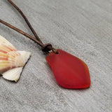 Hawaiian Sea Glass Necklace, Small Puff Ruby Red Necklace Leather Cord Necklace Unisex Beach Jewelry Gift For Him For Her, July Birthstone