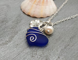 Hawaiian Jewelry Sea Glass Necklace, Wire Heart Necklace Cobalt Blue Necklace, Hibiscus Pearl Necklace, Beach Jewelry (September Birthstone)