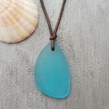 Handmade in Hawaii, leather cord unisex blue sea glass necklace, unisex jewelry, Hawaii jewelry, birthday gift