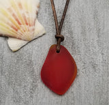 Hawaiian Sea Glass Necklace, Small Puff Ruby Red Necklace Leather Cord Necklace Unisex Beach Jewelry Gift For Him For Her, July Birthstone