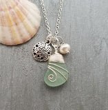 Handmade in Hawaii, Wire wrapped Genuine surf tumbled natural sea glass necklace. sand dollar charm, Fresh water pearl, Beach jewelry.