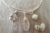 Hawaiian Jewelry Sea Glass Bracelet For Women, Wire Crystal Beach Bracelet Sea Glass Jewelry Hibiscus Pearl Birthday Gift(April Birthstone)