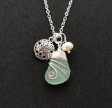 Handmade in Hawaii, Wire wrapped Genuine surf tumbled natural sea glass necklace. sand dollar charm, Fresh water pearl, Beach jewelry.