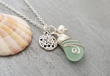 Handmade in Hawaii, Wire wrapped Genuine surf tumbled natural sea glass necklace. sand dollar charm, Fresh water pearl, Beach jewelry.