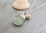 Handmade in Hawaii, Wire wrapped Genuine surf tumbled natural sea glass necklace. sand dollar charm, Fresh water pearl, Beach jewelry.