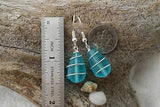 Made in Hawaii, Wire wrapped blue sea glass earrings,    gift box.beach jewelry.Gift for her.