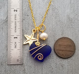 Hawaiian Jewelry Sea Glass Necklace, Gold Wire Wrapped Cobalt Heart Necklace, Pearl Starfish Necklace Birthday Gift (September Birthstone)