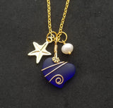 Hawaiian Jewelry Sea Glass Necklace, Gold Wire Wrapped Cobalt Heart Necklace, Pearl Starfish Necklace Birthday Gift (September Birthstone)