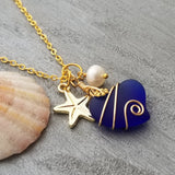 Hawaiian Jewelry Sea Glass Necklace, Gold Wire Wrapped Cobalt Heart Necklace, Pearl Starfish Necklace Birthday Gift (September Birthstone)