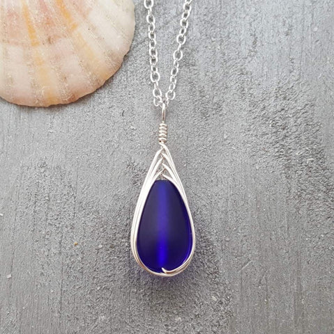 Hawaiian Jewelry Sea Glass Necklace, Braided Cobalt Blue Necklace Teardrop Necklace, Sea Glass Jewelry For Her (September Birthstone Gift)