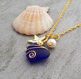 Hawaiian Jewelry Sea Glass Necklace, Gold Wire Wrapped Cobalt Heart Necklace, Pearl Starfish Necklace Birthday Gift (September Birthstone)