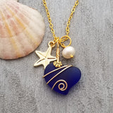 Hawaiian Jewelry Sea Glass Necklace, Gold Wire Wrapped Cobalt Heart Necklace, Pearl Starfish Necklace Birthday Gift (September Birthstone)