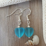 Handmade in Hawaii, Small "Twin Hearts" Turquoise Bay Blue sea glass earrings,  Light Weight Earrings, Hawaii Gift Wrapped