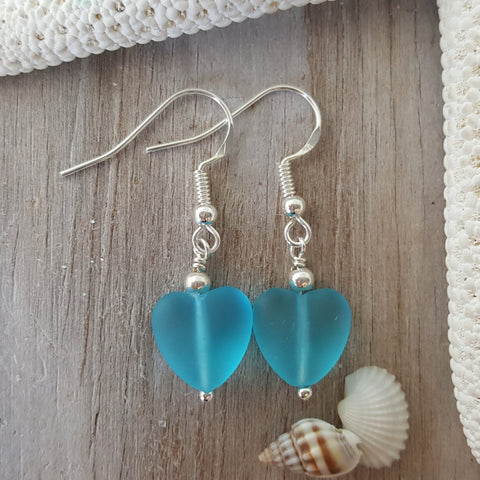 Handmade in Hawaii, Small "Twin Hearts" Turquoise Bay Blue sea glass earrings,  Light Weight Earrings, Hawaii Gift Wrapped