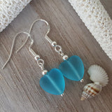 Handmade in Hawaii, Small "Twin Hearts" Turquoise Bay Blue sea glass earrings,  Light Weight Earrings, Hawaii Gift Wrapped