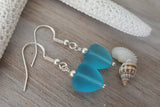 Handmade in Hawaii, Small "Twin Hearts" Turquoise Bay Blue sea glass earrings,  Light Weight Earrings, Hawaii Gift Wrapped