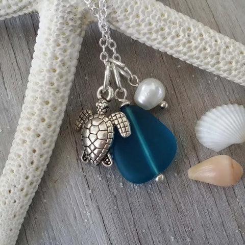 Hawaiian Jewelry Sea Glass Necklace, Teal Necklace Pearl Turtle Necklace Unique Necklace Ocean Beach Jewelry Sea Glass Jewelry For Women