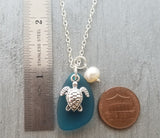 Hawaiian Jewelry Sea Glass Necklace, Teal Necklace Pearl Turtle Necklace Unique Necklace Ocean Beach Jewelry Sea Glass Jewelry For Women