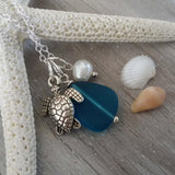 Hawaiian Jewelry Sea Glass Necklace, Teal Necklace Pearl Turtle Necklace Unique Necklace Ocean Beach Jewelry Sea Glass Jewelry For Women