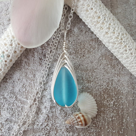 Hawaiian Jewelry Sea Glass Necklace, Braided Turquoise Necklace Blue Necklace Teardrop Necklace, Sea Glass Jewelry(December Birthstone Gift)