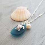 Hawaiian Jewelry Sea Glass Necklace, Teal Necklace Pearl Turtle Necklace Unique Necklace Ocean Beach Jewelry Sea Glass Jewelry For Women