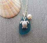 Hawaiian Jewelry Sea Glass Necklace, Teal Necklace Pearl Turtle Necklace Unique Necklace Ocean Beach Jewelry Sea Glass Jewelry For Women