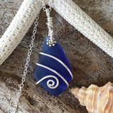 Hawaiian Jewelry Sea Glass Necklace, Wire Cobalt Blue Necklace, Sea Glass Jewelry For Women Birthday Gift (September Birthstone Jewelry)