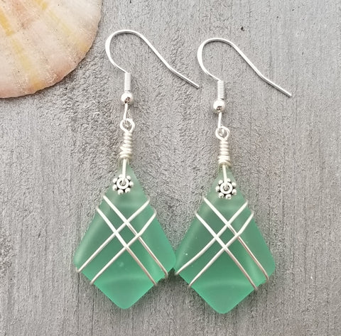 Hawaiian Jewelry Sea Glass Earrings, Wire Cross Aquamarine Earrings, Beach Sea Glass Jewelry Unique Earrings(March Birthstone Jewelry Gift)