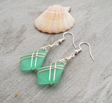 Hawaiian Jewelry Sea Glass Earrings, Wire Cross Aquamarine Earrings, Beach Sea Glass Jewelry Unique Earrings(March Birthstone Jewelry Gift)