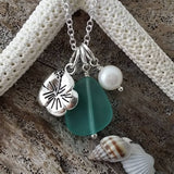 Hawaiian Jewelry Sea Glass Necklace, Aquamarine Necklace, Hibiscus Pearl Necklace, Sea Glass Jewelry, Fun Jewelry (March Birthstone Jewelry)