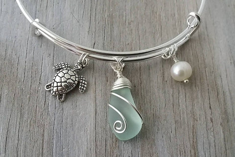 Hawaiian Jewelry Sea Glass Bracelet, Seafoam Bracelet Pearl Turtle Bracelet Sea Glass Jewelry For Women, Beach Bracelet For Beachy Girls