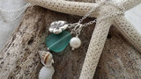 Hawaiian Jewelry Sea Glass Necklace, Aquamarine Necklace, Hibiscus Pearl Necklace, Sea Glass Jewelry, Fun Jewelry (March Birthstone Jewelry)