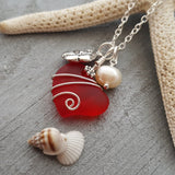 Hawaiian Jewelry Sea Glass Necklace, Wire Ruby Red Necklace, Heart Necklace Hibiscus Pearl Necklace, Beach  Birthday Gift (July Birthstone)